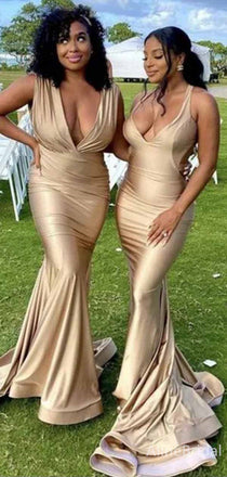 Sexy Champagne Deep V-neck Mermaid Long Bridesmaid Dress, PD3297