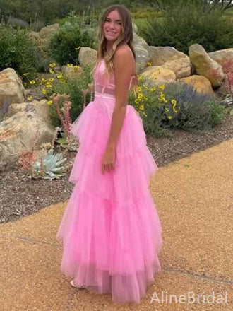 Gorgeous Spaghetti Strap Pink Corset A-line Long Tiered Tulle Prom Dress, Princess Dress, PD381867