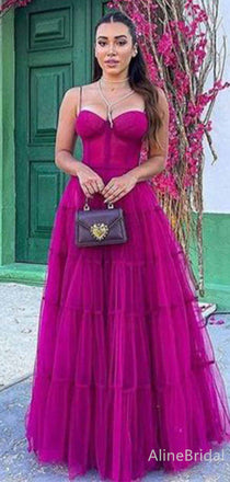 Gorgeous Spaghetti Strap Fuchsia Corset A-line Long Tulle Prom Dress-Tiered Evening Dress, PD381868
