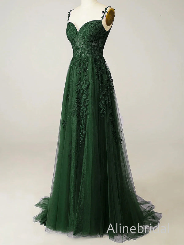 Elegant Green Spaghetti Straps Corset A-line Tulle Prom Dress, Evening Dress, PD3823011