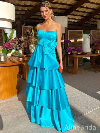 Gorgeous Blue Strapless A-line Long Tiered Prom Dress with Handmade Flower, Evening Dress, PD381869