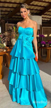 Gorgeous Blue Strapless A-line Long Tiered Prom Dress with Handmade Flower, Evening Dress, PD381869