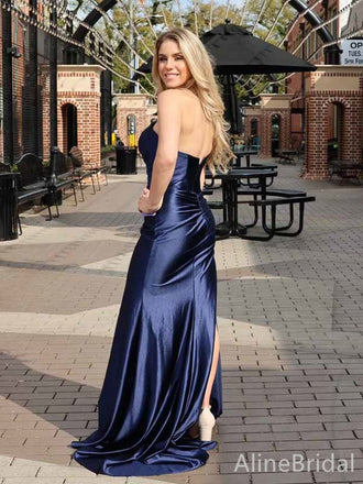 Sexy V-neck Strapless Navy Blue Mermaid Long Prom Dress with Slit, Evening Dress, PD381870