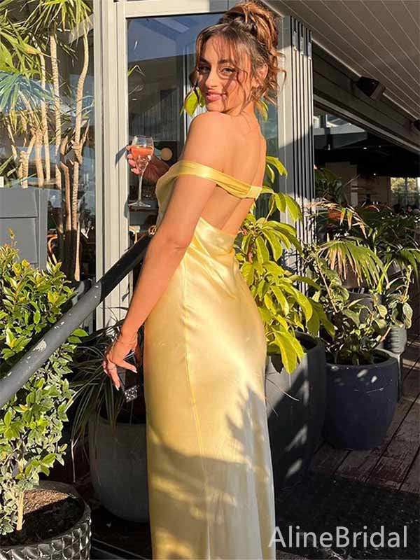 Elegant Yellow V-neck Off-Shoulder Mermaid Long Prom Dress,PD381873