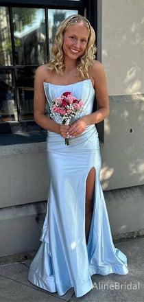 Elegant Ice Blue Strapless Side Slit Mermaid Long Prom Dress, Evening Dress, PD381879