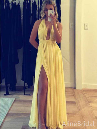 Sexy Yellow Chiffon Deep V-neck Halter Split Side A-line Long Prom Dress,PD381886
