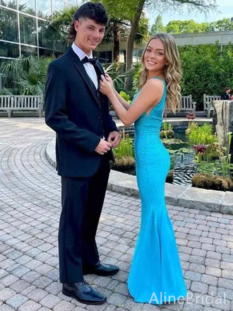 Sparkly Tiffany Blue V-neck Long Mermaid Prom Dress with Rhinestone, Evening Dress,PD381887