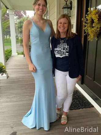 Simple Pale Blue V-neck Spaghetti Strap Open Back Mermaid Long Prom Dress, Evening Dress, PD381890
