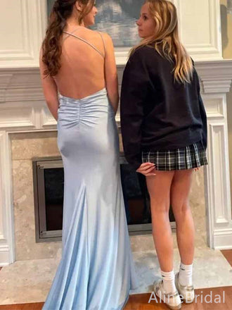 Simple Pale Blue V-neck Spaghetti Strap Open Back Mermaid Long Prom Dress, Evening Dress, PD381890