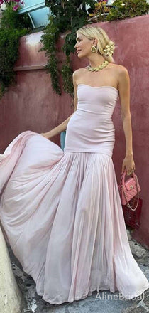 Simple Light Pink Strapless A-line Long Prom Dress with Tulle Skirt, PD381893