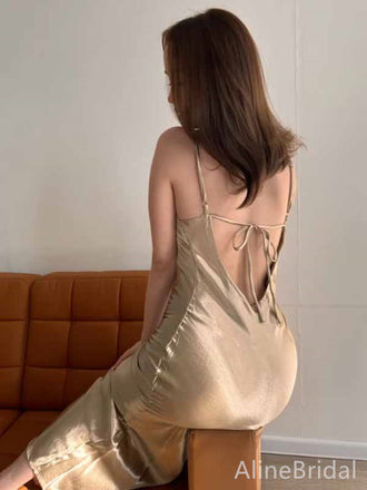 Simple Champagne Gold Spaghetti Strap Backless Mermaid Long Prom Dress,PD381895
