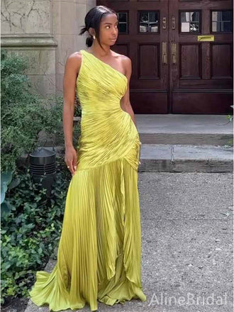Elegant One Shoulder Pleated Yellow Mermaid Long Prom Dress with Cut-Out, PD381910