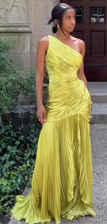 Elegant One Shoulder Pleated Yellow Mermaid Long Prom Dress with Cut-Out, PD381910