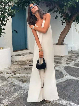 Simple Deep V-neck Spaghetti Strap White Long Evening Dress-Beach Dress, PD381906