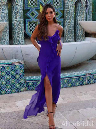 Sexy Purple Chiffon V-neck Ruffle Long Prom Dress with Slit, Evening Dress, PD381907