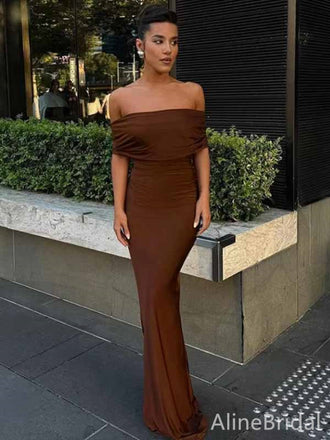 Elegant Off-Shoulder Brown Backless Mermaid Long Prom Dress, Evening Dress, PD381911