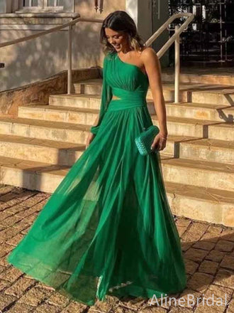 Elegant  Dark Green One Shoulder Long Sleeveas A-line Long Evening Dress, PD381913