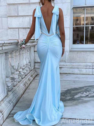 Gorgeous Blue V-Neck Open Back A-line Long Prom Dress, Evening Gown, PD381918