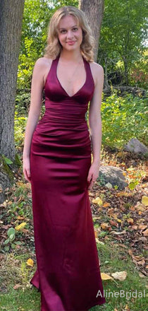 Sexy V-neck Halter Burgundy Mermaid Long Prom Dress, Evening Dress, PD381921