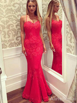 Gorgeous Red Sweetheart Spaghetti Strap Long Mermaid Lace Evening Dress, Prom Dress, PD381926