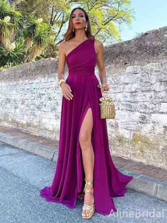 Elegant Purple One Shoulder Long Prom Dress with Slit, PD381932