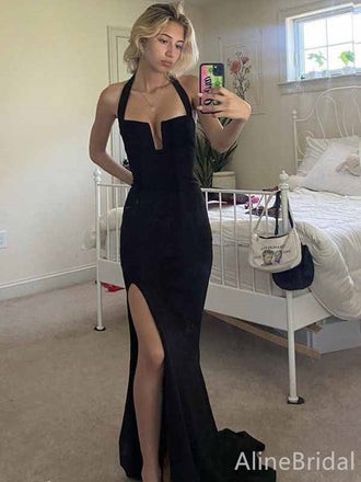 Sexy Black Halter Side Slit Mermaid Long Prom Dress, Evening Dress, PD381933