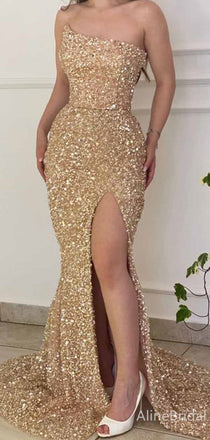 Sparkly Gold Sequins Side Slit Mermaid Long Prom Dress, Evening Gown, PD381934
