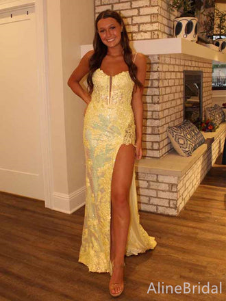 Gorgeous Yellow Lace Applique High Slit Long Mermaid Prom Dress, Evening Dress, PD381939