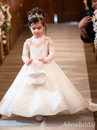 Gorgeous Ivory Lace Long Sleeves A-line Long Flower Girl Dress, FGS178