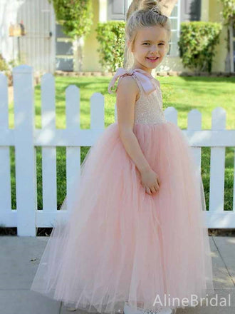 Cute One-Shoulder Light Pink A-line Long Tulle Flower Girl Dress, FGS186