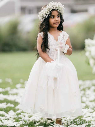 Elegant Ivory V-neck A-line Long Lace Flower Girl Dress, FGS189