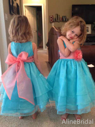 Elegant Blue A-line Long Tulle Flower Girl Dress with Bow, FGS190