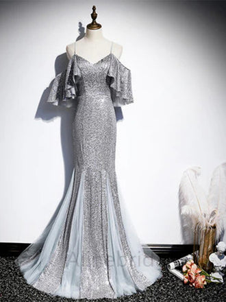 Sexy Silver Off the Shoulder Sleeveless Mermaid Long Prom Dress, PD3694