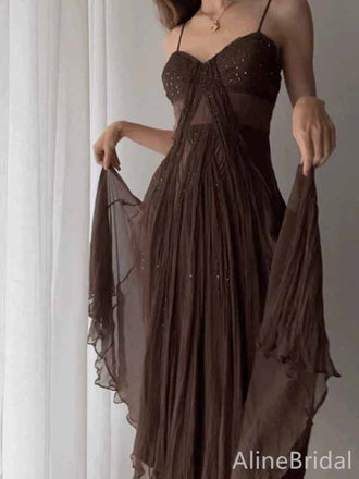 Elegant Brown V-neck Spaghetti Strap A-line Long Tulle Prom Dress,PD381951