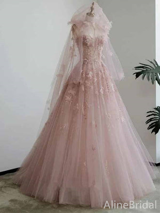 Gorgeous Light Pink Strapless Lace Appliques A-line Long Tulle Prom Ball Gown, PD381953