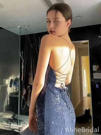 Sexy Navy Blue V-neck Lace-Up Mermaid Long Prom Dress with Slit, PD381954