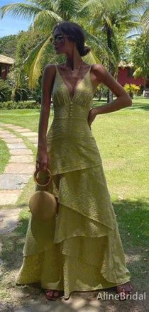 Elegant Greem V-neck Spaghetti Strap A-line Long Tiered Prom Dress, Evening Dress, PD381958