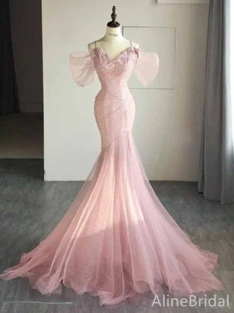 Elegant Pastel Pink V-neck Off-the-Sholder Long Mermaid Tulle Prom Ball Gown with Train, PD381959