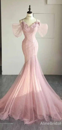 Elegant Pastel Pink V-neck Off-the-Sholder Long Mermaid Tulle Prom Ball Gown with Train, PD381959