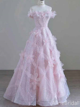 Shimmery 3-D Floral Pink Strapless Appliques A-line Long Prom Ball Gown, Evening Gown, PD381964