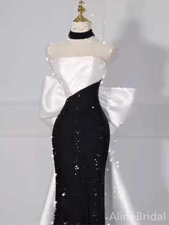Stunning Black& White Color Blocking Strapless Long Ball Gown with Striking Bow, PD381969