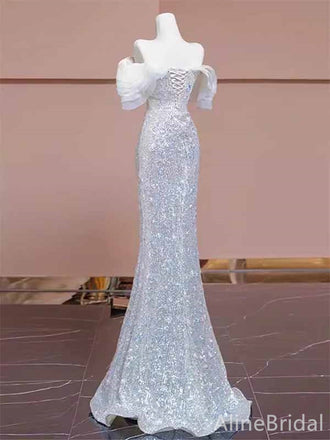 Sparkly Silver Sequins Off-the-Shoulder Strapless Long Mermaid Prom Dress, Evening Dress, PD381970