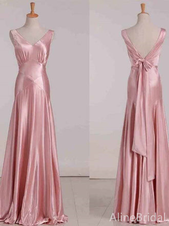 Elegant Pink V-neck Long Prom Dress with Bow Detailing, Evening Dress, PD381971
