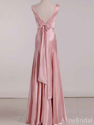 Elegant Pink V-neck Long Prom Dress with Bow Detailing, Evening Dress, PD381971