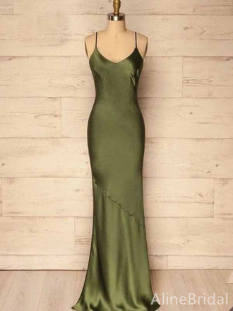 Elegant V-neck Spaghetti Strap Olive Green Long Mermaid Prom Dress, Evening Dress, PD381973