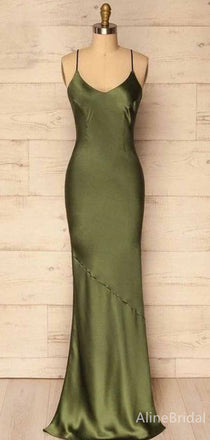 Elegant V-neck Spaghetti Strap Olive Green Long Mermaid Prom Dress, Evening Dress, PD381973