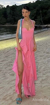 Sexy Hot Pink Sweetheart Halter Ruffles High Slit Long Prom Dress, PD381983