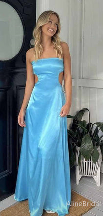 Unique Blue A-line Long Side Cut Out Prom Dress, PD381988