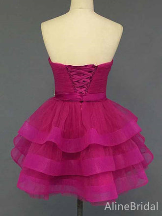 Elegant Sweetheart Strapless Hot Pink A-line Short Tulle Homecoming Dress, HD328006