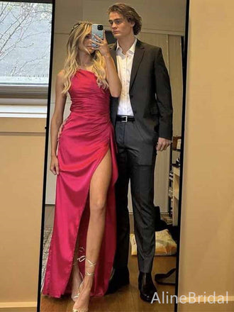 Elegant Red One-Shoulder High-Slit Mermaid Long Prom Dress, PD381994
